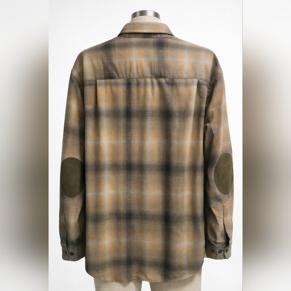 Vintage Pendleton Trail Shirt XL Tan Plaid Suede Elbow Patches No Flaws - Picture 3 of 11